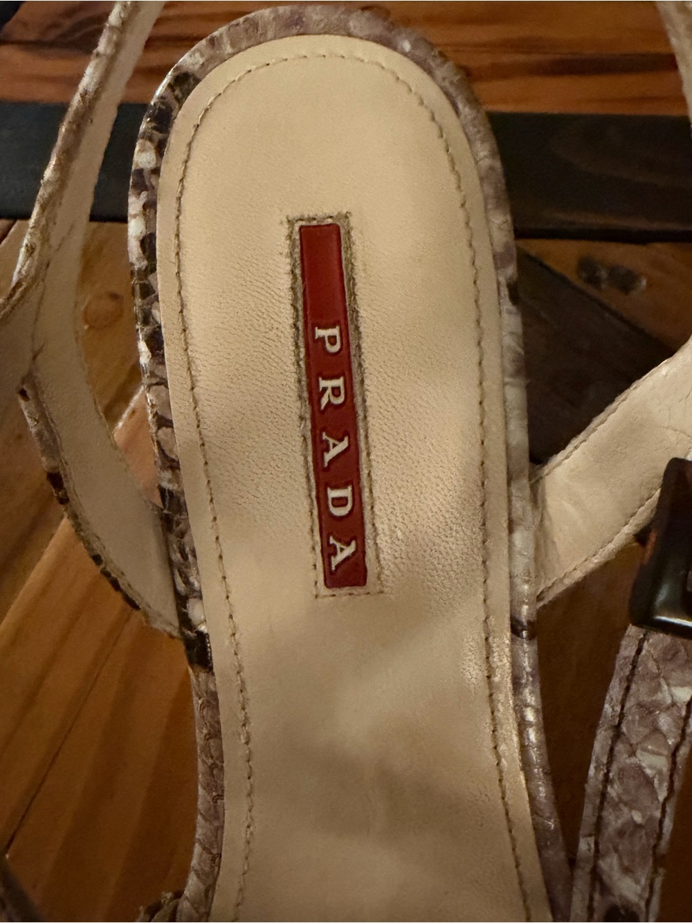 PRADA Tan and Black Genuine Python Snakeskin Slingback Wedges. - Picture 5 of 6